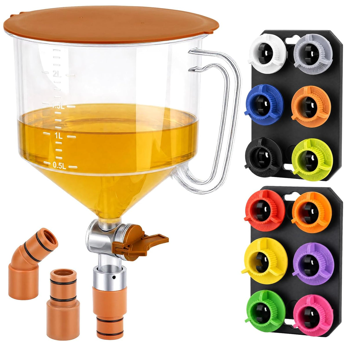 DISEN 17-Piece Engine Oil Funnel Kit, 2L Leak-Proof Funnel with 12 Adapters & Magnetic Storage Trays