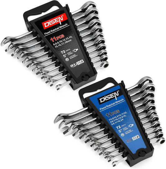 DISEN 22-Piece SAE & Metric Ratcheting Wrench Set, 12-Point, 72-Tooth CR-V Steel