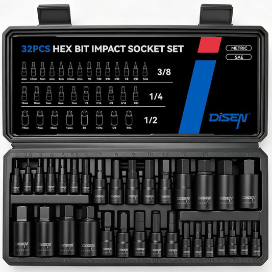 DISEN 32-Piece Black HEX Bit Impact Socket Set, SAE & Metric Allen Sockets