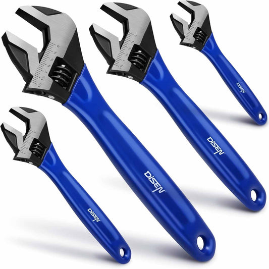 DISEN 4-Piece Adjustable Wrench Set, 6", 8", 10" & 12", Wide Jaw CR-V Steel with Cushion Grip