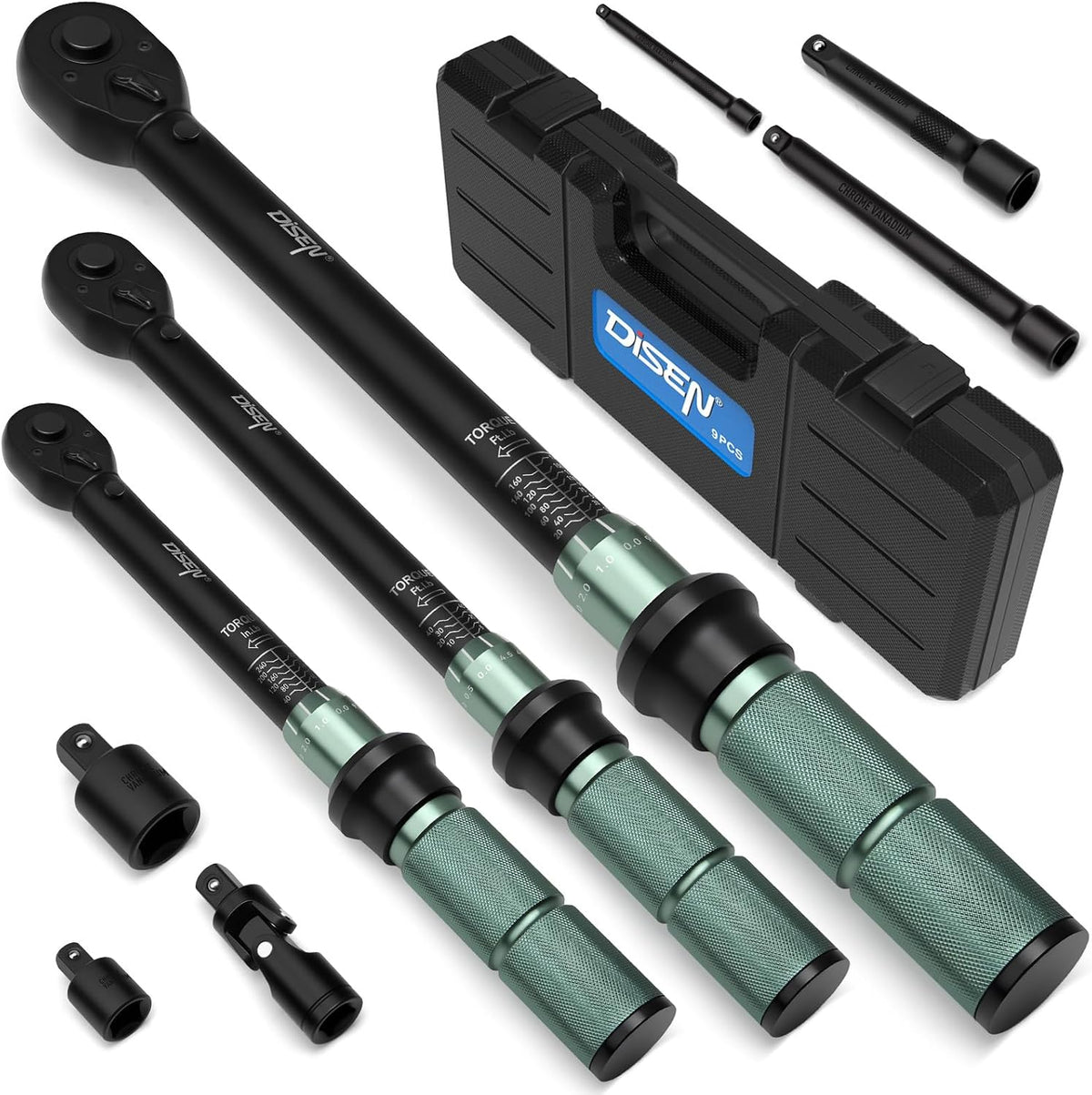 DISEN 9-Piece Click Torque Wrench Set, 1/4", 3/8" & 1/2" Drive, ±3% Accuracy with 6 Adapters
