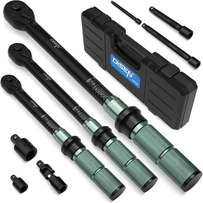DISEN 9-Piece Click Torque Wrench Set, 1/4", 3/8" & 1/2" Drive, ±3% Accuracy with 6 Adapters