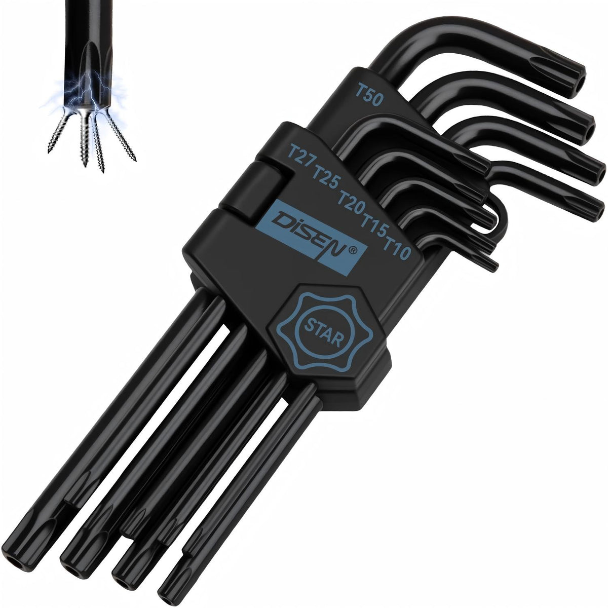 DISEN 9-Piece Torx Star Key Set, Long Arm T10–T50, Chrome Vanadium Steel