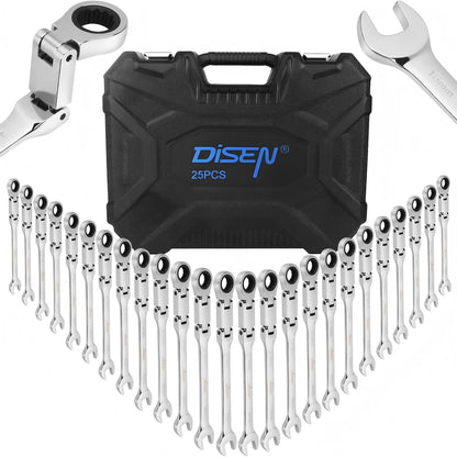 DISEN 25-Piece SAE & Metric Double-Fold Flex-Head Ratcheting Wrench Set, 72-Tooth CR-V Steel
