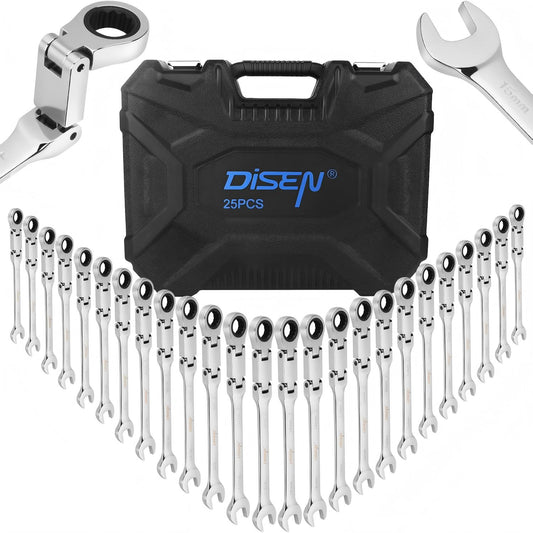 DISEN 25-Piece SAE & Metric Double-Fold Flex-Head Ratcheting Wrench Set, 72-Tooth CR-V Steel