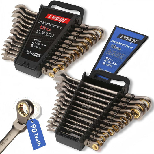 DISEN 24-Piece SAE & Metric Flex-Head Ratcheting Wrench Set, 90-Tooth CR-V Steel, Nickel Plated with Storage Rack