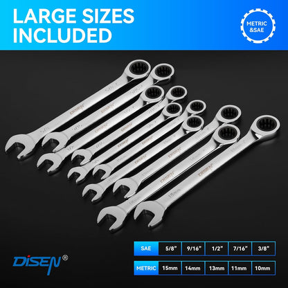DISEN 10-Piece SAE & Metric Ratcheting Wrench Set, 12-Point, 72-Tooth CR-V Steel with Storage Rack