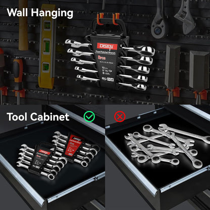 DISEN 10-Piece SAE & Metric Ratcheting Wrench Set, 12-Point, 72-Tooth CR-V Steel with Storage Rack