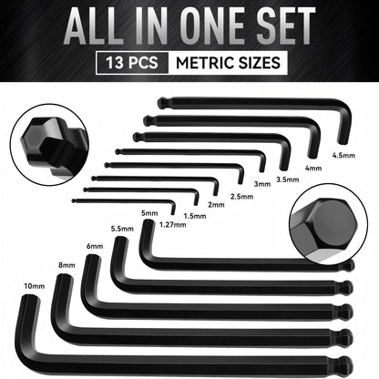 DISEN 13-Piece Metric Hex Key Set, Long Arm Ball End Allen Wrenches, 1.27–10mm, CR-V Steel
