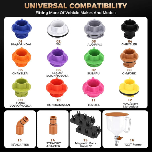 DISEN 17-Piece Engine Oil Funnel Kit, 2L Leak-Proof Funnel with 12 Adapters & Magnetic Storage Trays