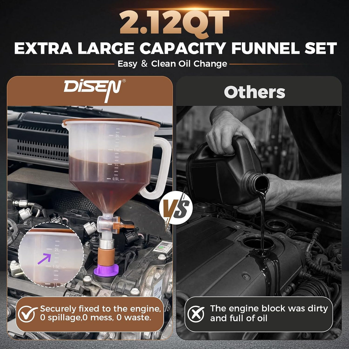 DISEN 17-Piece Engine Oil Funnel Kit, 2L Leak-Proof Funnel with 12 Adapters & Magnetic Storage Trays