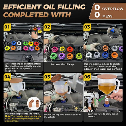 DISEN 17-Piece Engine Oil Funnel Kit, 2L Leak-Proof Funnel with 12 Adapters & Magnetic Storage Trays