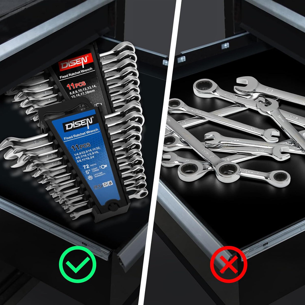 DISEN 22-Piece SAE & Metric Ratcheting Wrench Set, 12-Point, 72-Tooth CR-V Steel