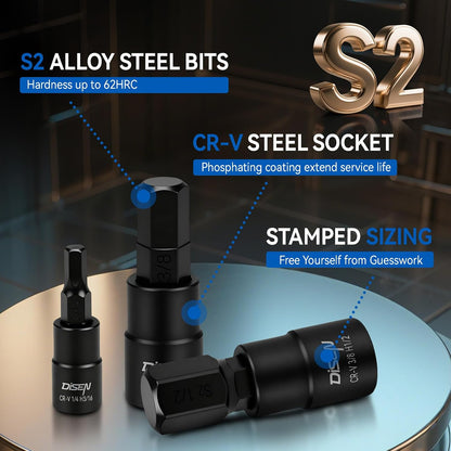 DISEN 32-Piece Black HEX Bit Impact Socket Set, SAE & Metric Allen Sockets