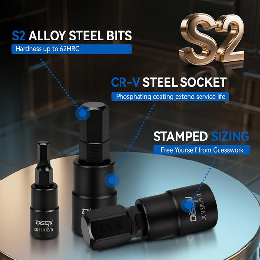 DISEN 32-Piece Black HEX Bit Impact Socket Set, SAE & Metric Allen Sockets