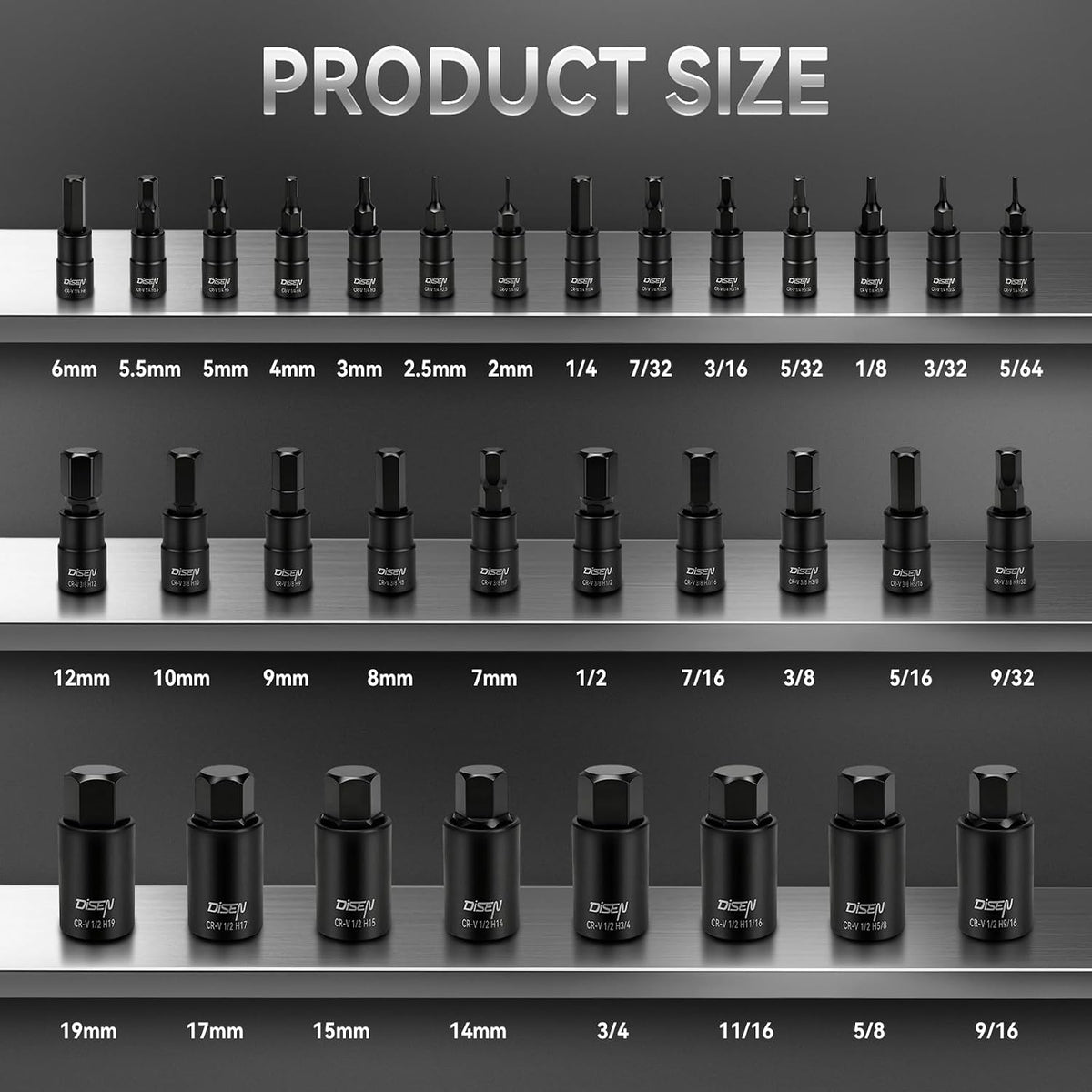 DISEN 32-Piece Black HEX Bit Impact Socket Set, SAE & Metric Allen Sockets