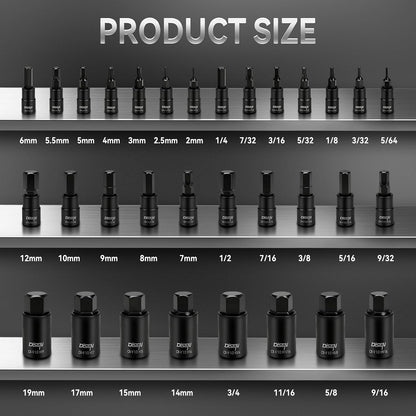 DISEN 32-Piece Black HEX Bit Impact Socket Set, SAE & Metric Allen Sockets