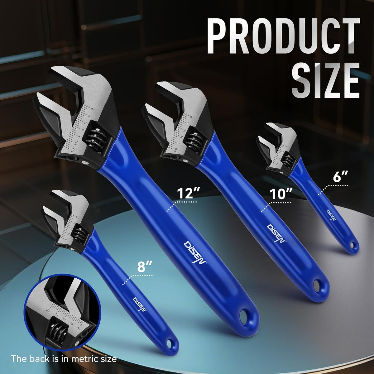 DISEN 4-Piece Adjustable Wrench Set, 6", 8", 10" & 12", Wide Jaw CR-V Steel with Cushion Grip