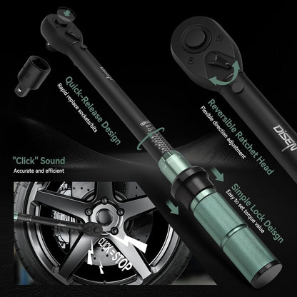 DISEN 9-Piece Click Torque Wrench Set, 1/4", 3/8" & 1/2" Drive, ±3% Accuracy with 6 Adapters
