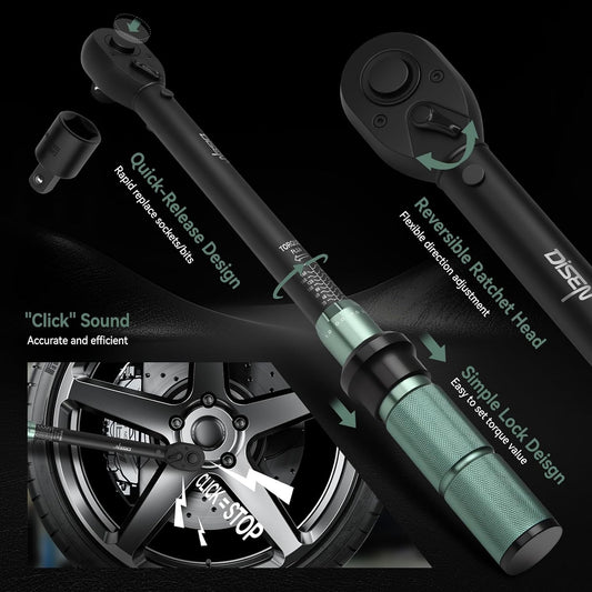 DISEN 9-Piece Click Torque Wrench Set, 1/4", 3/8" & 1/2" Drive, ±3% Accuracy with 6 Adapters