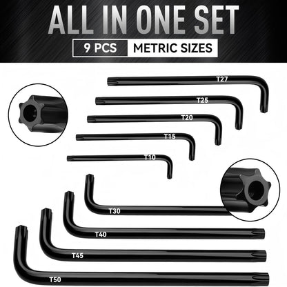 DISEN 9-Piece Torx Star Key Set, Long Arm T10–T50, Chrome Vanadium Steel