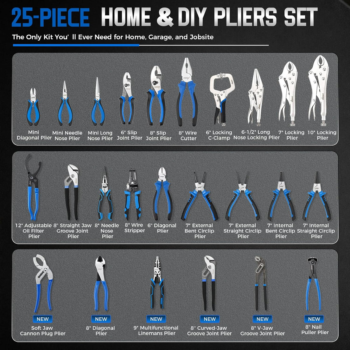 DISEN 25-Piece Pliers Set, Multi-Purpose Assortment with Groove Joint, Needle Nose, Locking & Wire Stripper Pliers