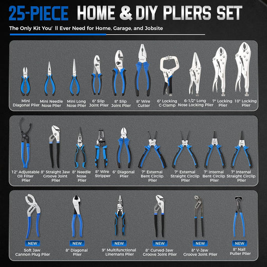 DISEN 25-Piece Pliers Set, Multi-Purpose Assortment with Groove Joint, Needle Nose, Locking & Wire Stripper Pliers