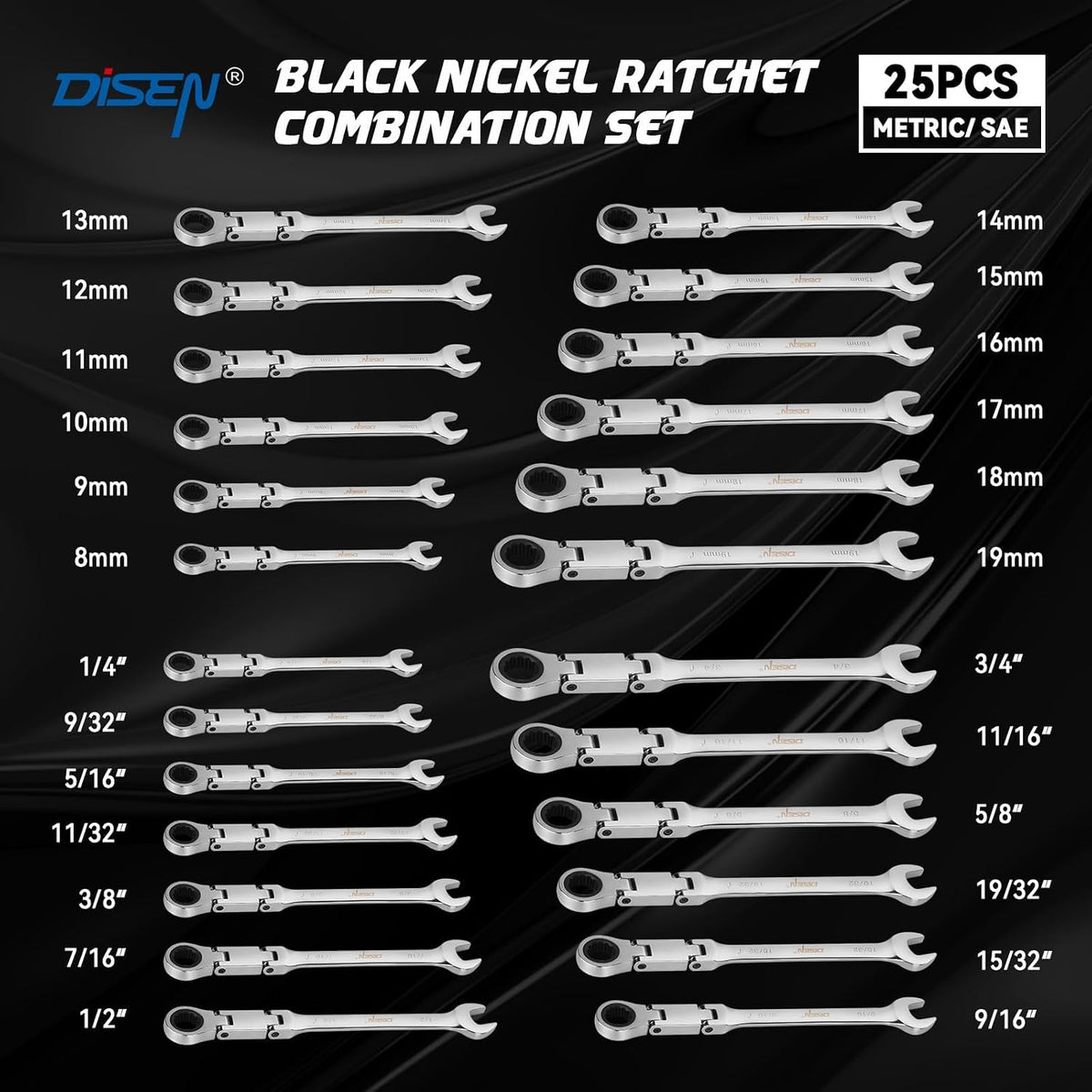 DISEN 25-Piece SAE & Metric Double-Fold Flex-Head Ratcheting Wrench Set, 72-Tooth CR-V Steel