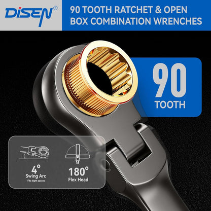 DISEN 24-Piece SAE & Metric Flex-Head Ratcheting Wrench Set, 90-Tooth CR-V Steel, Nickel Plated with Storage Rack