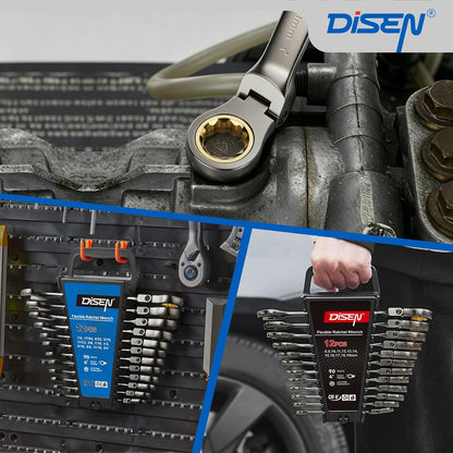 DISEN 24-Piece SAE & Metric Flex-Head Ratcheting Wrench Set, 90-Tooth CR-V Steel, Nickel Plated with Storage Rack
