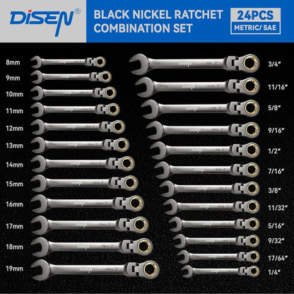 DISEN 24-Piece SAE & Metric Flex-Head Ratcheting Wrench Set, 90-Tooth CR-V Steel, Nickel Plated with Storage Rack