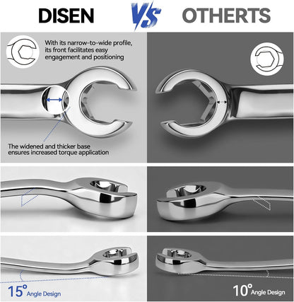 DISEN 16-Piece SAE & Metric Flare Nut Wrench Set, CR-V Steel Brake Line Wrenches with PTFE Tape