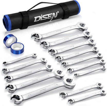 DISEN 16-Piece SAE & Metric Flare Nut Wrench Set, CR-V Steel Brake Line Wrenches with PTFE Tape