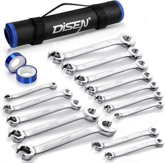 DISEN 16-Piece SAE & Metric Flare Nut Wrench Set, CR-V Steel Brake Line Wrenches with PTFE Tape