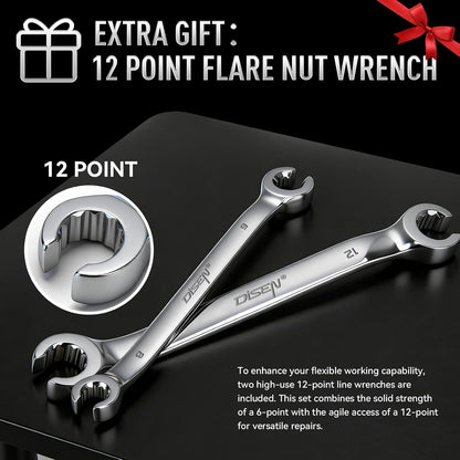 DISEN 16-Piece SAE & Metric Flare Nut Wrench Set, CR-V Steel Brake Line Wrenches with PTFE Tape