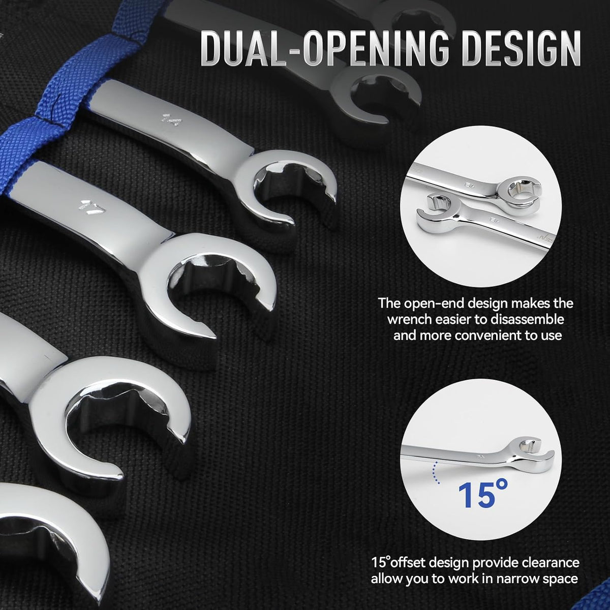 DISEN 16-Piece SAE & Metric Flare Nut Wrench Set, CR-V Steel Brake Line Wrenches with PTFE Tape