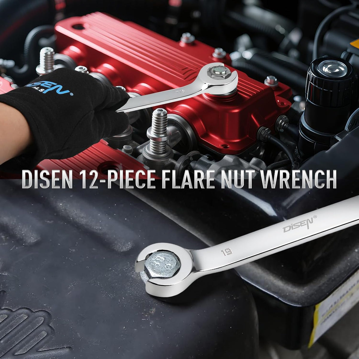 DISEN 16-Piece SAE & Metric Flare Nut Wrench Set, CR-V Steel Brake Line Wrenches with PTFE Tape