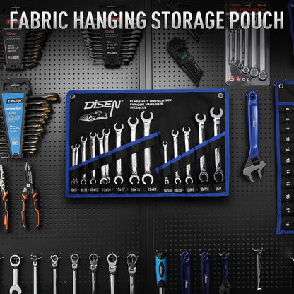 DISEN 16-Piece SAE & Metric Flare Nut Wrench Set, CR-V Steel Brake Line Wrenches with PTFE Tape