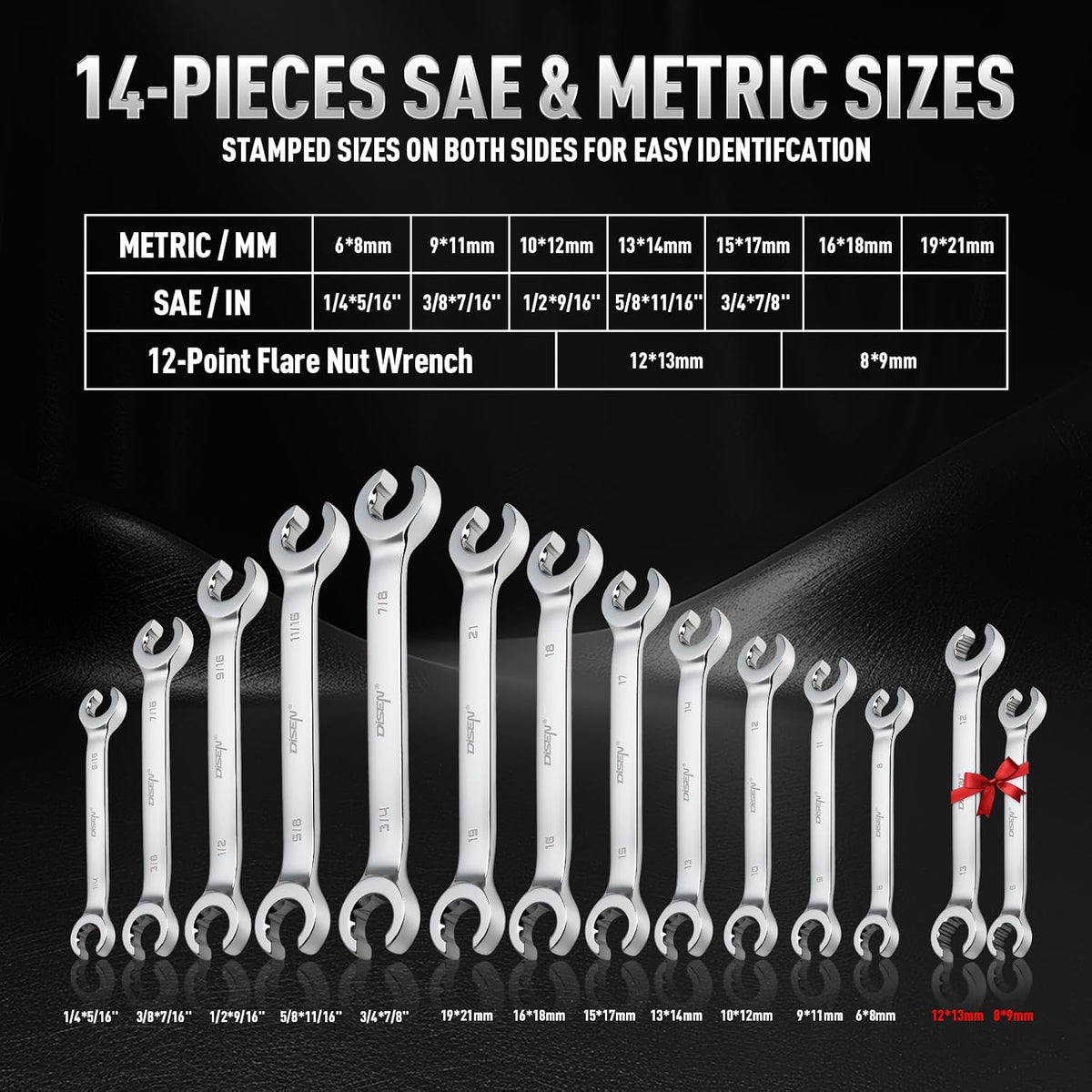 DISEN 16-Piece SAE & Metric Flare Nut Wrench Set, CR-V Steel Brake Line Wrenches with PTFE Tape