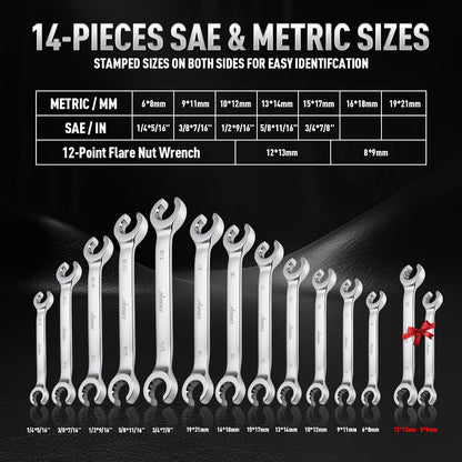 DISEN 16-Piece SAE & Metric Flare Nut Wrench Set, CR-V Steel Brake Line Wrenches with PTFE Tape
