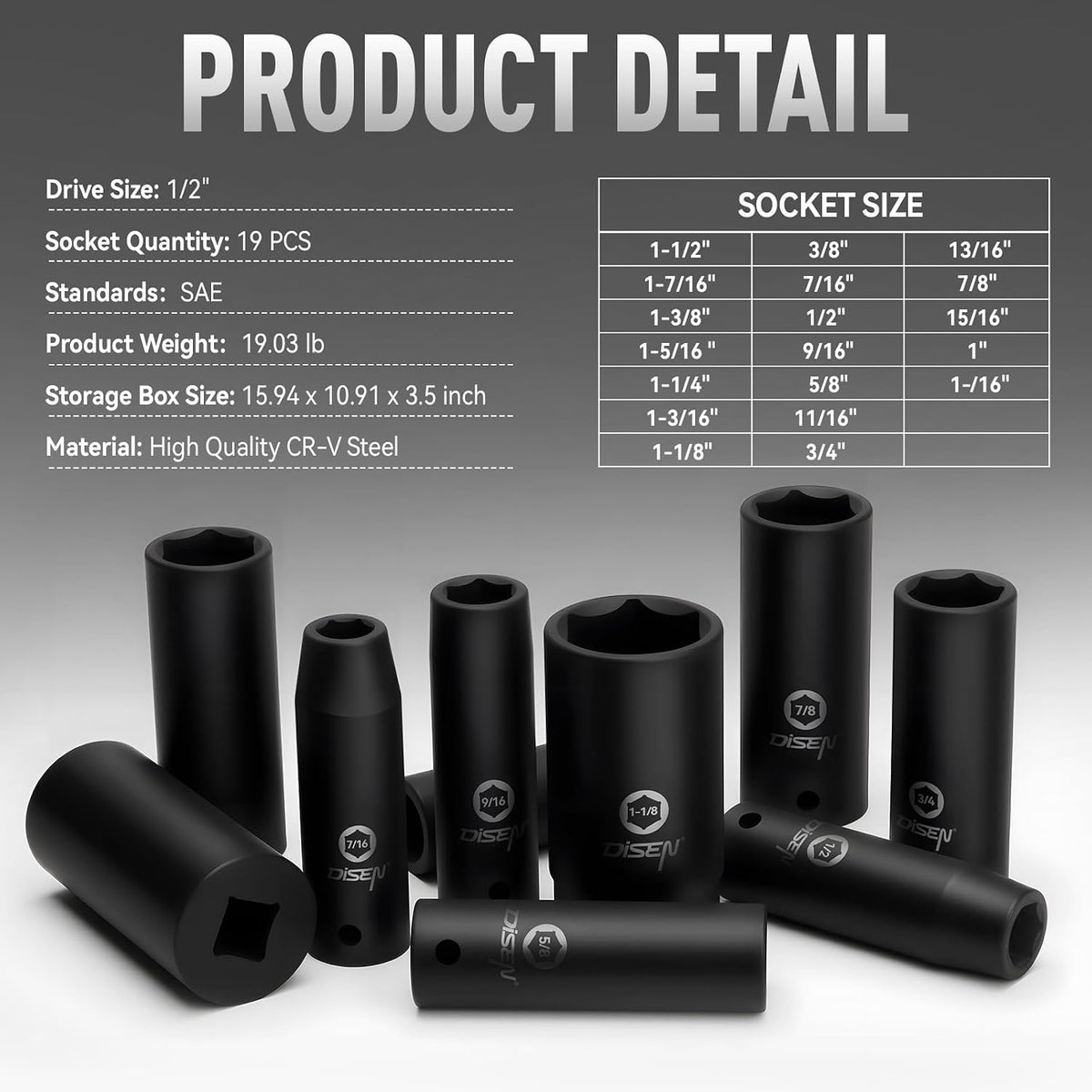 DISEN 32-Piece Black HEX Bit Impact Socket Set, SAE & Metric Allen Sockets