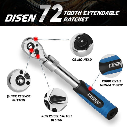DISEN 3-Piece Extendable Flex-Head Ratchet Wrench Set, 1/4", 3/8" & 1/2" Drive Ratchet Handle, 72-Tooth, Quick-Release