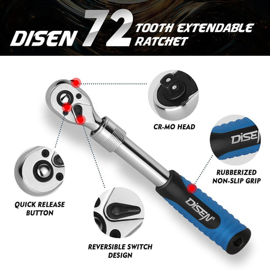 DISEN 3-Piece Extendable Flex-Head Ratchet Wrench Set, 1/4", 3/8" & 1/2" Drive Ratchet Handle, 72-Tooth, Quick-Release