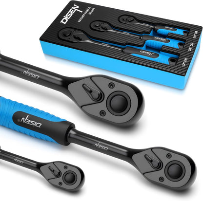 DISEN  Black Ratchet Wrench Set | 3-Piece, 1/4", 3/8" & 1/2" Drive Ratchet Handle, 90-Tooth