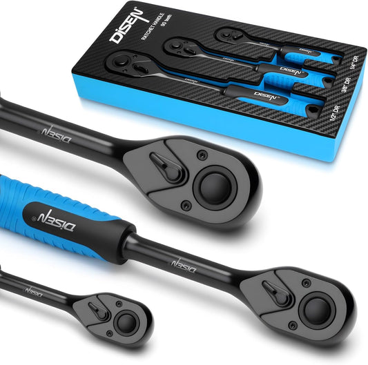 DISEN  Black Ratchet Wrench Set | 3-Piece, 1/4", 3/8" & 1/2" Drive Ratchet Handle, 90-Tooth