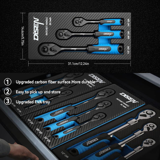 DISEN  Black Ratchet Wrench Set | 3-Piece, 1/4", 3/8" & 1/2" Drive Ratchet Handle, 90-Tooth