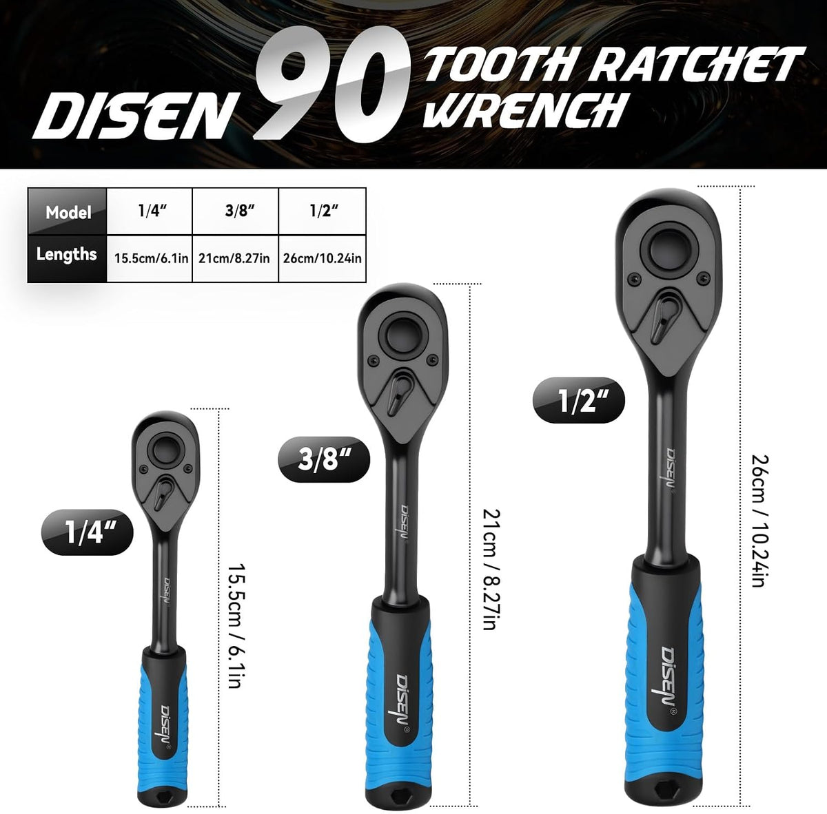 DISEN  Black Ratchet Wrench Set | 3-Piece, 1/4", 3/8" & 1/2" Drive Ratchet Handle, 90-Tooth