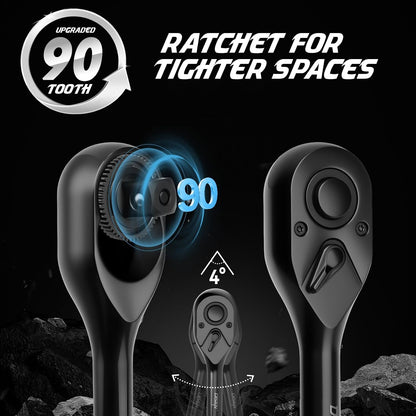 DISEN  Black Ratchet Wrench Set | 3-Piece, 1/4", 3/8" & 1/2" Drive Ratchet Handle, 90-Tooth