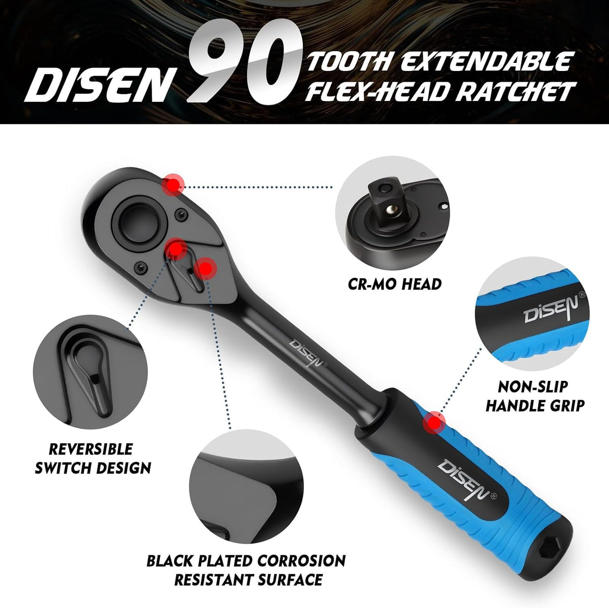 DISEN  Black Ratchet Wrench Set | 3-Piece, 1/4", 3/8" & 1/2" Drive Ratchet Handle, 90-Tooth