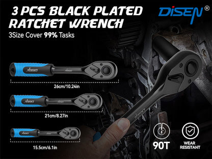 DISEN  Black Ratchet Wrench Set | 3-Piece, 1/4", 3/8" & 1/2" Drive Ratchet Handle, 90-Tooth